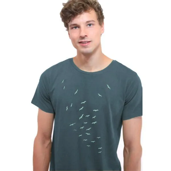 Spangeltangel Spangeltangel T-Shirt "Vogelschwarm", bedrucktes Herrenshirt, Siebdruck, Bio-Baumwolle, Blau, – Produktbild 1 von 2