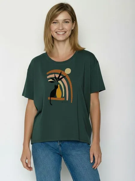 GreenBomb GREENBOMB Cat Vase Feel - Lässiges T-Shirt aus Bio-Baumwoll-Mix / hochwertiger Print / GOTS / Fair & Vegan, Türkis (petrolgrün), – Produktbild 1 von 4