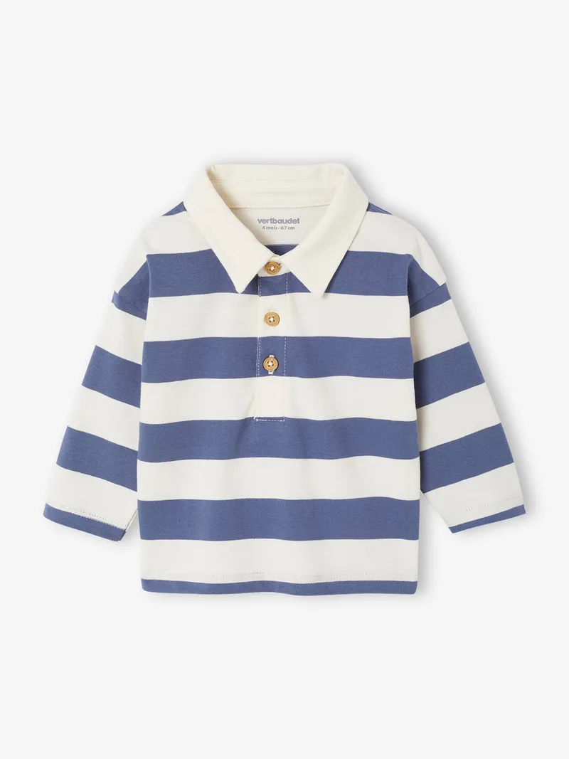 Vertbaudet Baby Langarm-Poloshirt mit breiten Streifen, Graublau, – Produktbild 2 von 3