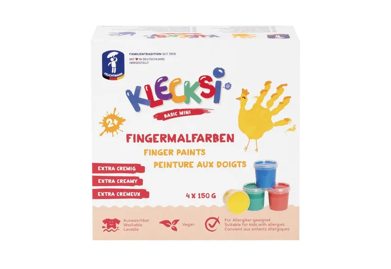 Feuchtmann Fingerfarbe KLECKSi Basic Mini, 4 x 150g hautfreundliche Fingermalfarbe für Kinder, Bunt, – Produktbild 1 von 5