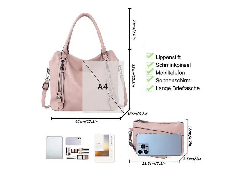 TANTOMI Handtasche Damen Schultertasche Groß Shopper Vegan Handtasche, Handtaschen Umhängetasche Geldbörse Damen Taschen 2-Tlg, Rosa, – Produktbild 5 von 5