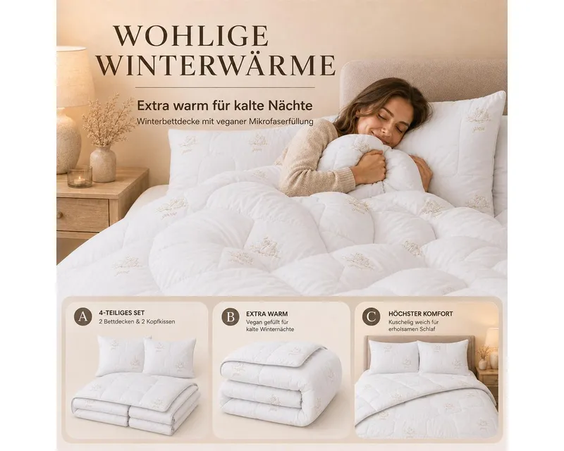 SEI Design Microfaserbettdecke Bettset SWAN 4-tlg 2x Winter-Bettdecken 135x200 + 2x Kissen 80x80, Füllung: daunenähnliches Gefühl, Bett-Set 4-Tlg.: 2x Bettdecken 135x200 + 2x Kissen 80x80, Weiß, – Produktbild 3 von 5