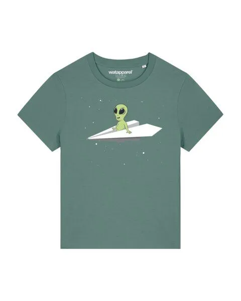 watapparel watapparel T-Shirt Frauen Alien on a paper plane, Green bay, – Produktbild 1 von 3