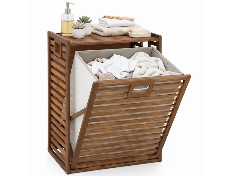 COSTWAY COSTWAY Wäscheschrank Wäschekorb 68 L mit kippbarem Fach & abnehmbarem Wäschesammler aus Bambus, 50 x 35 x 64 cm, Braun, – Produktbild 1 von 1