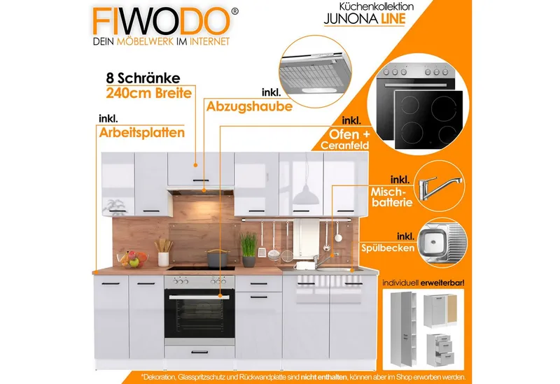 FIWODO.de - Dein Möbelwerk im Internet Küche Küchenzeile 240cm mit Elektrogeräten komplett Spülbecken Arbeitsplatte, (Set), mit E-Geräten, Breite 240cm, mit Spülbecken, mit Arbeitsplatte, Grau|silberfarben, – Produktbild 2 von 5