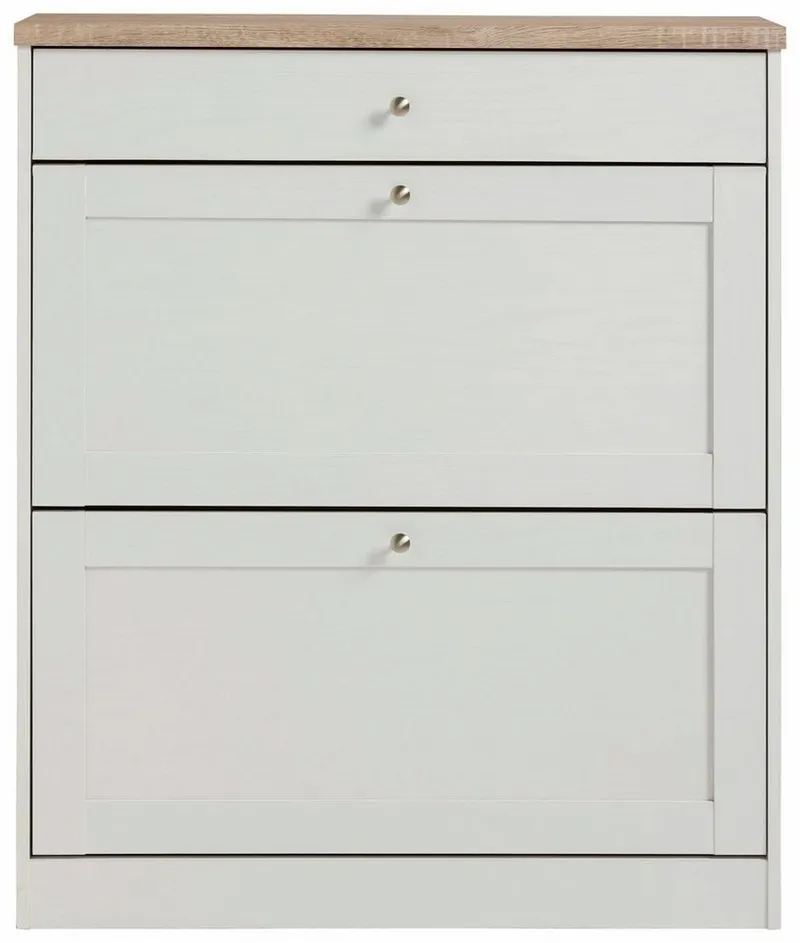 OTTO home Schuhschrank Heide Breite 90cm, mit Schubkasten, 2 Klappen und Facettenfront, Höhe 103cm, Weiß, – Produktbild 6 von 8