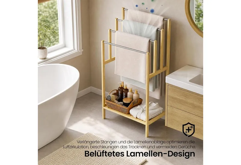 EUGAD Handtuchhalter, mit 4 Handtuchstangen aus Edelstahl Bambus, Beige, – Produktbild 5 von 5