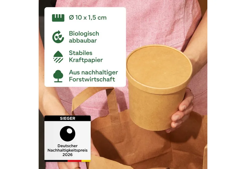 wisefood Einweggeschirr-Set 50-tlg., Bio-Pappdeckel für 200, 300 & 400 ml (50-tlg), Papier, Braun, – Produktbild 4 von 5