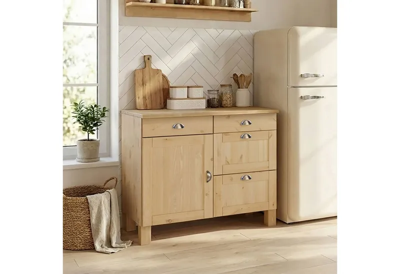 Home affaire Unterschrank Oslo 100 cm breit, in 2 Tiefen, mit 23 mm Arbeitsplatte, 2 Schubkästen, Beige, – Produktbild 7 von 8