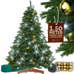 Casaria® Künstlicher Weihnachtsbaum Premium 150cm + Kugeln Gold + Lichterkette kaltweiß – Produktbild 1 von 1
