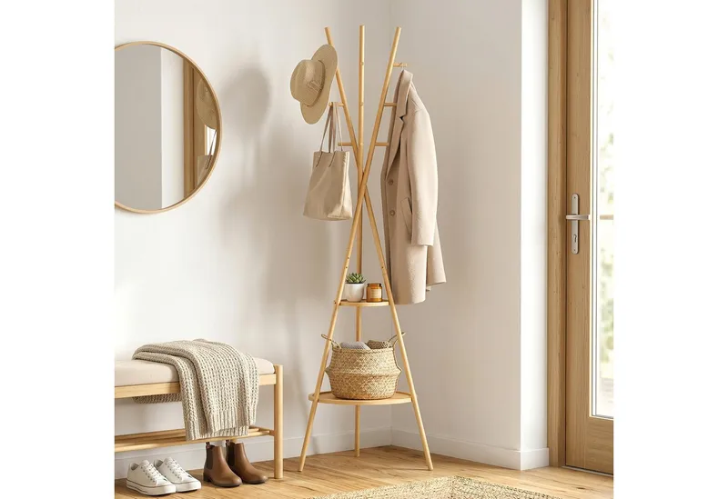 HOMCOM HOMCOM Garderobenständer Jackerständer Garderobe mit 9 Haken, für Flur, Eingangsbereich, (Set, 1 St., 1), aus Bambus, 2 Ablagefächer, Beige, – Produktbild 1 von 5