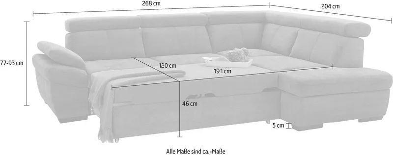 exxpo - sofa fashion Ecksofa Salerno, Funktionssofa, hoher Sitzkomfort, Breite 268cm, L-Form, inkl. Kopf- und Armteilverstellung, wahlweise mit Bettfunktion, Weiß, – Produktbild 4 von 5