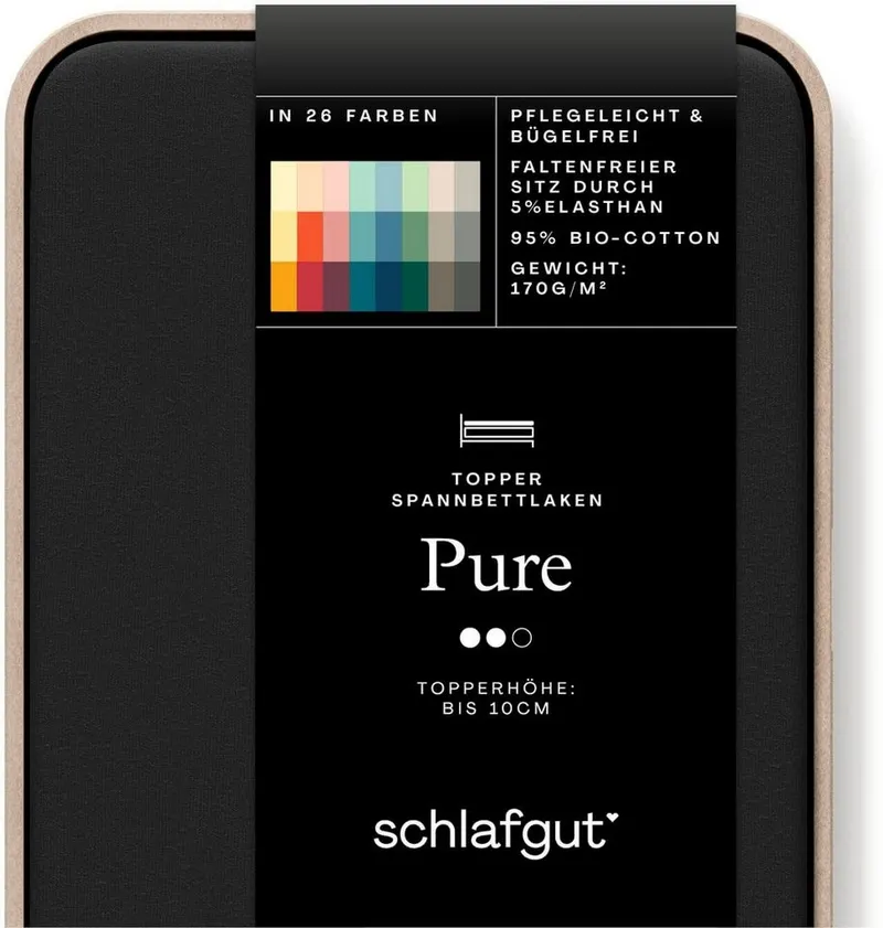 Schlafgut Schlafgut Spannbettlaken PURE TOPPER Bio-Baumwolle mit Elasthan 170 g/m² für Topper bis 10 cm, Jersey-Elasthan, Gummizug: rundum, (1 Stück), PREMIUM Laken für Matratzen bis 10 cm Höhe, dehnbar, blickdicht, Schwarz, – Produktbild 3 von 5