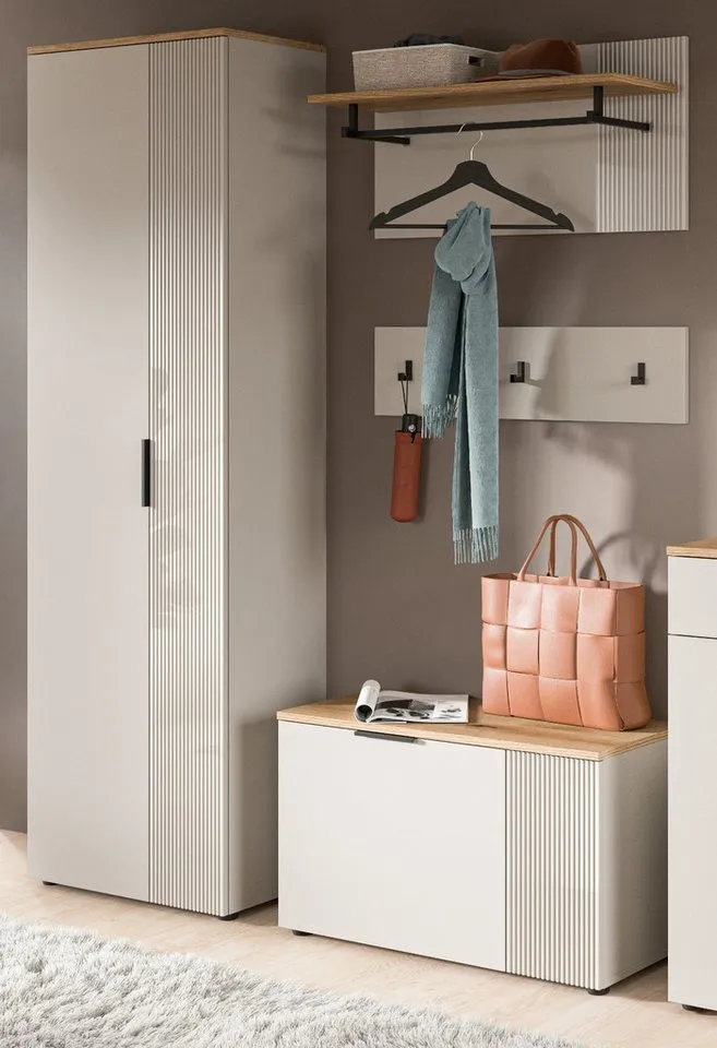 Inn.Furn Garderobenpaneel Skid (Wandgarderobe in Kaschmir Sand mit Eiche, Set 2-teilig, 80 x60 cm), mit Kleiderstange und Fräsungen, Beige, – Produktbild 5 von 5