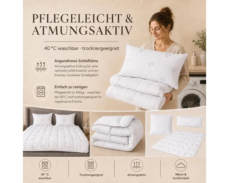 SEI Design Microfaserbettdecke Bettset SWAN 4-tlg Sommer 2x Bettdecken 135x200 + 2x Kissen 80x80, Füllung: daunenähnliches Gefühl, Bett-Set 4-Tlg.: 2x Bettdecken 135x200 + 2x Kopfkissen 80x80, Weiß, – Produktbild 5 von 5