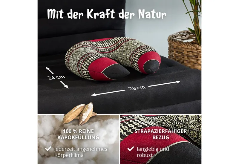 livasia Nackenhörnchen Reisekissen - 24x28x7cm, Kapok, vegan, handgefertigt, Rot|schwarz, – Produktbild 4 von 5