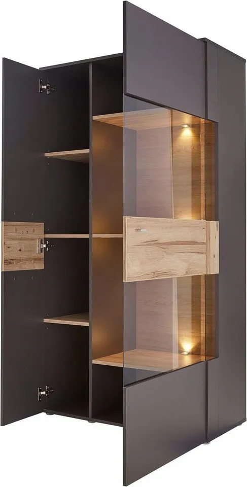 FORTE Vitrine Como Highboard, LED Beleuchtung Einlegeböden, Glastüre, Soft Close, Grau, – Produktbild 8 von 8