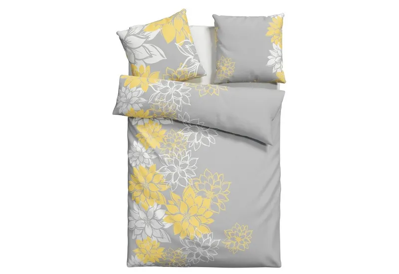 OTTO home Bettwäsche Susan in Gr. 135x200 oder 155x220 cm, Polycotton recycelt, 2 teilig, in verschiedenen Qualitäten, romantische Bettwäsche mit Blumen, Gelb|grau, – Produktbild 1 von 5