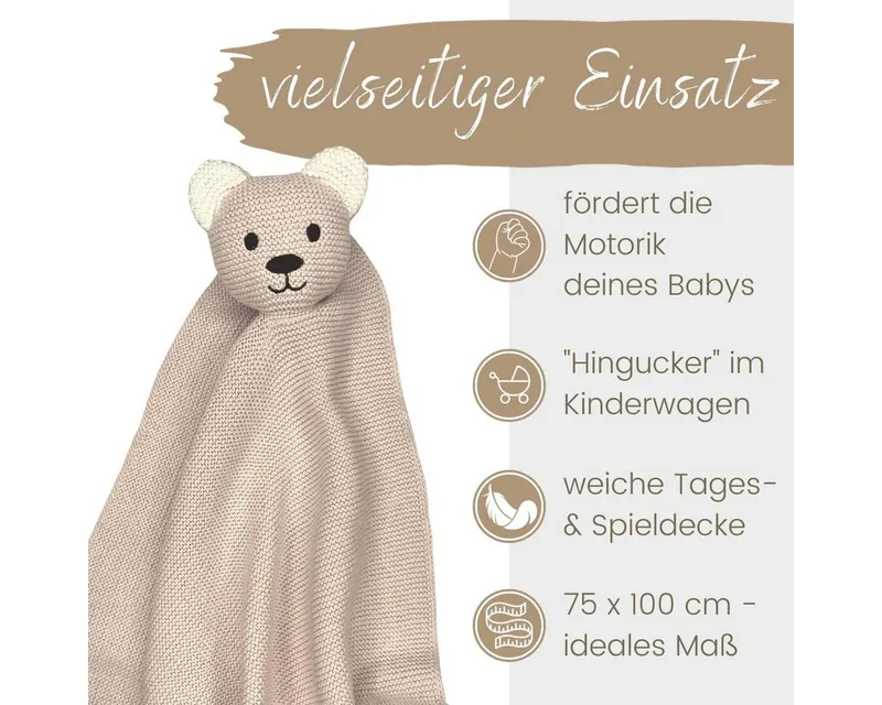Babydecke DIKOS® Babydecke SCHMUSE-Bär Baby Geschenk Mädchen Junge Geschenkset, DIKOS, Geschenk zur Geburt, PREMIUM Qualität, 100 % BIO Baumwolle, Beige, – Produktbild 4 von 5