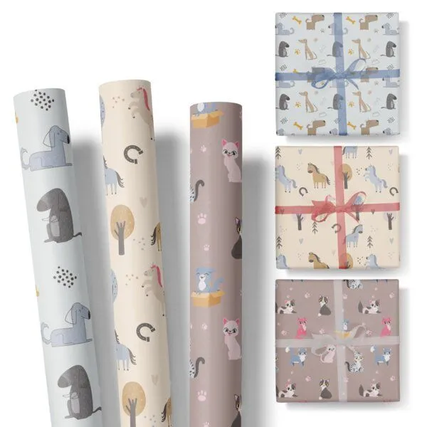 Fines Papeterie Fines Papeterie 3x 3m Geschenkpapier Set für Kinder TIERE SET 4 mit Hunden, Katzen, Pferden 3 Rollen je 300x47 cm – Produktbild 2 von 4