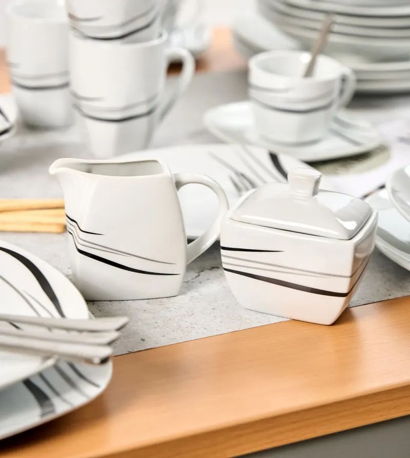 Retsch Arzberg Kombiservice Geschirr-Set, Service Cosmos (62-tlg), 6 Personen, Porzellan, 62 Teile, für 6 Personen, Grau|schwarz|weiß, – Produktbild 4 von 5