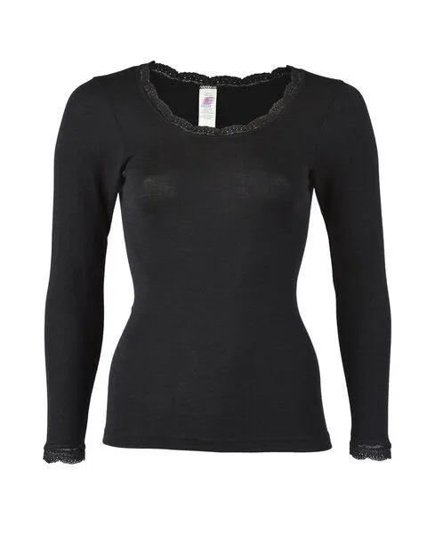 Engel Engel Natur Shirt langarm mit Spitzenabschluss Schurwolle Seide, Schwarz, – Produktbild 1 von 2