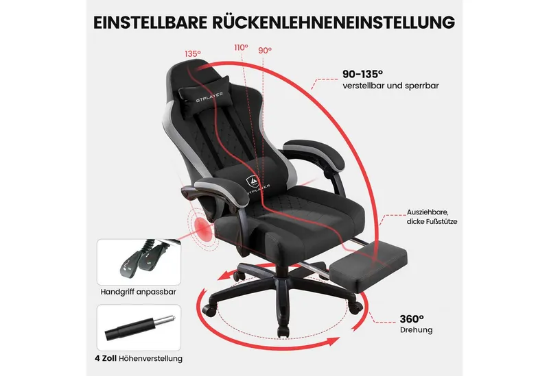 GTPLAYER Gaming-Stuhl Gaming Stuhl Stoff, Gaming Sessel mit Taschenfederkissen, Drehstuhl, Gamer Stuhl mit Fußstütze150 kg, Schwarz, – Produktbild 5 von 5