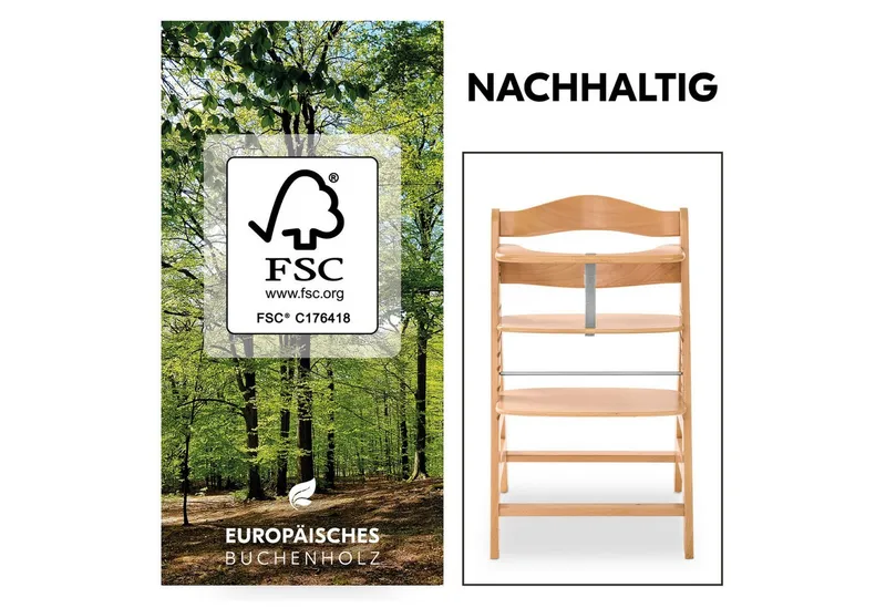 Hauck Hauck Hochstuhl Alpha Plus, Mitwachsender Holz Kinderhochstuhl mit Gurt, Schutzbügel & Sitzauflage, Beige, – Produktbild 3 von 5
