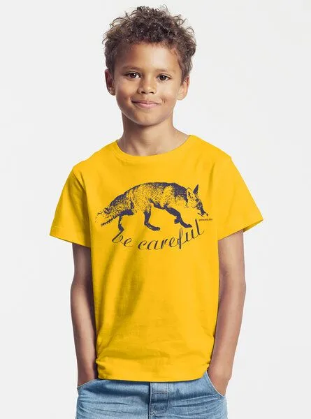 Peaces.bio - handbedruckte Biomode Peaces.bio - handbedruckte Biomode Bio-Kinder T-Shirt Be Careful, Gelb, – Produktbild 2 von 2