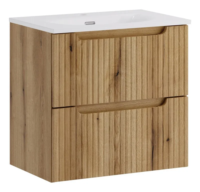 Lomadox Waschtisch NEWPORT-56-EVOKE, 60 cm breit, Eiche mit gerillter Front, 2 Schubladen, Braun, – Produktbild 1 von 5