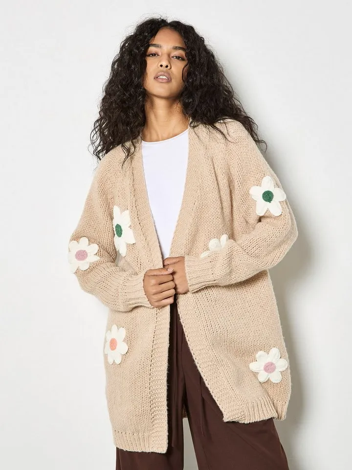 Apricot Apricot Cardigan 3D-Gänseblümchen-Strickjacke aus grobem Strick Blumenapplikation, Grau, – Produktbild 1 von 5