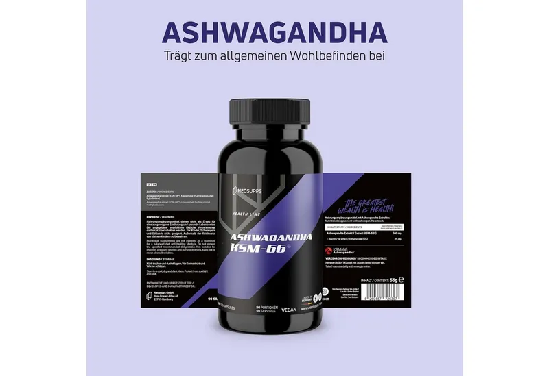 Neosupps Ashwagandha KSM-66, 100% Wurzelextrakt mit 5% Withanoliden, 90 Kapseln, Unterstützt Blutzuckerspiegel, Energie & mentale Klarheit – Produktbild 4 von 5