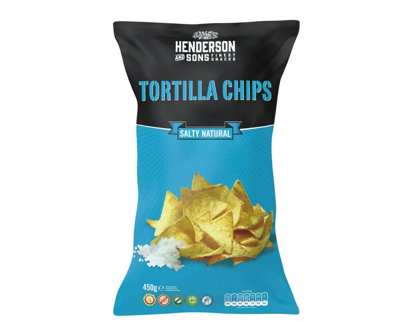 HENDERSON & SONS Knabberei, Henderson and Sons Salty Natural Tortilla Chips glutenfrei 450g – Produktbild 1 von 2