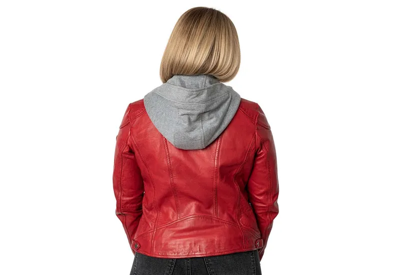 Mauritius Lederjacke MWAmmy Mauritius - Damen Lederjacke Lammnappa Kapuze rot, Rot, – Produktbild 3 von 5