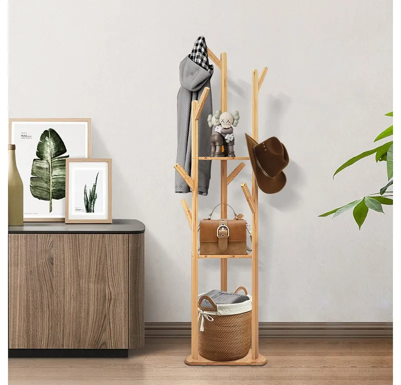 JEOBEST Garderobenständer Bambus Kleiderständer in Baumform mit 9 Haken, 3 Ebenen, Freistehender Kleiderständer für Kleidung Hüte Tasche, Beige, – Produktbild 3 von 5