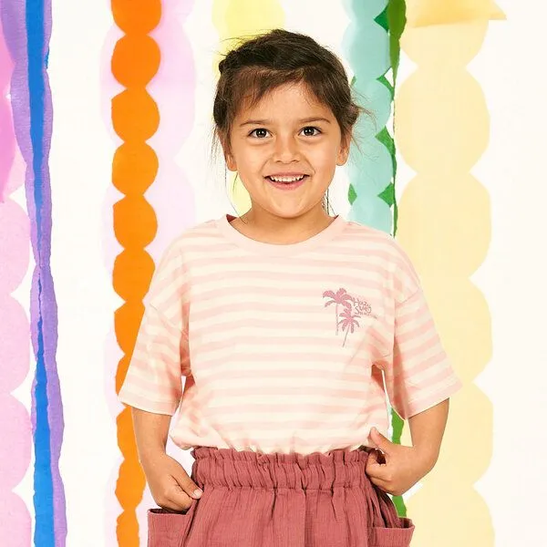 Sense Organics Sense Organics T-Shirt für Kinder, Modell SOPHIE, Pastellrosa-beige geringelt mit palme, – Produktbild 1 von 4