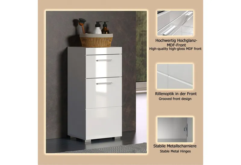 welltime Unterschrank Avena Badezimmerkommode mit 1 Schublade und 1 Tür - (B/T/H) 37/31/79 cm, Weiß, – Produktbild 3 von 3