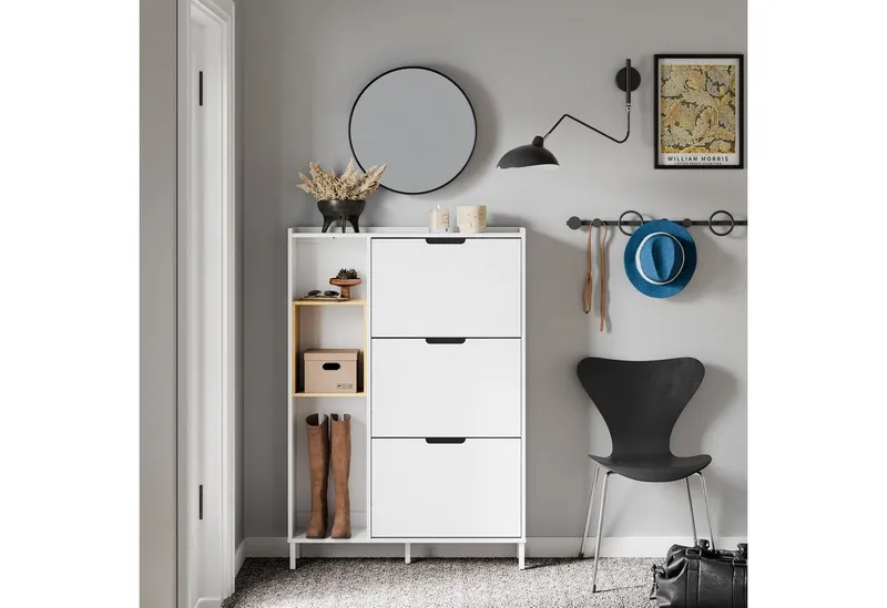 SoBuy Schuhschrank FSR209, Schuhkipper mit 3 Klappen, Schuhregal Schuhablage Schuhkommode Schuhschrank schmal, mit 3 Klappen, zusätzlichen Fächern, Bambus, Holz, Weiß, – Produktbild 3 von 5
