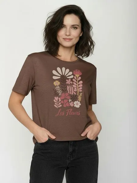 GreenBomb GREENBOMB Les Fleurs Nova - Kastiges T-Shirt aus Bio-Baumwolle / hochwertiger Print / GOTS / Fair & Vegan, Braun (earth wood), – Produktbild 1 von 4