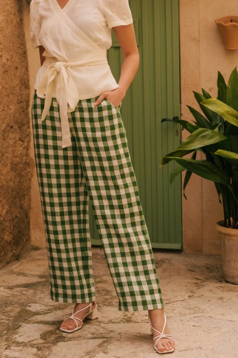 AmourLinen AmourLinen Damen vegan Hose Straight Barbora Grün Gingham, Grün, – Produktbild 2 von 2
