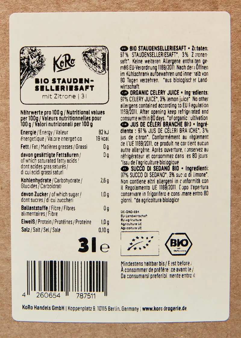 KoRo Bio Staudenselleriesaft mit Zitrone Bag-in-Box 3 L – Produktbild 4 von 5