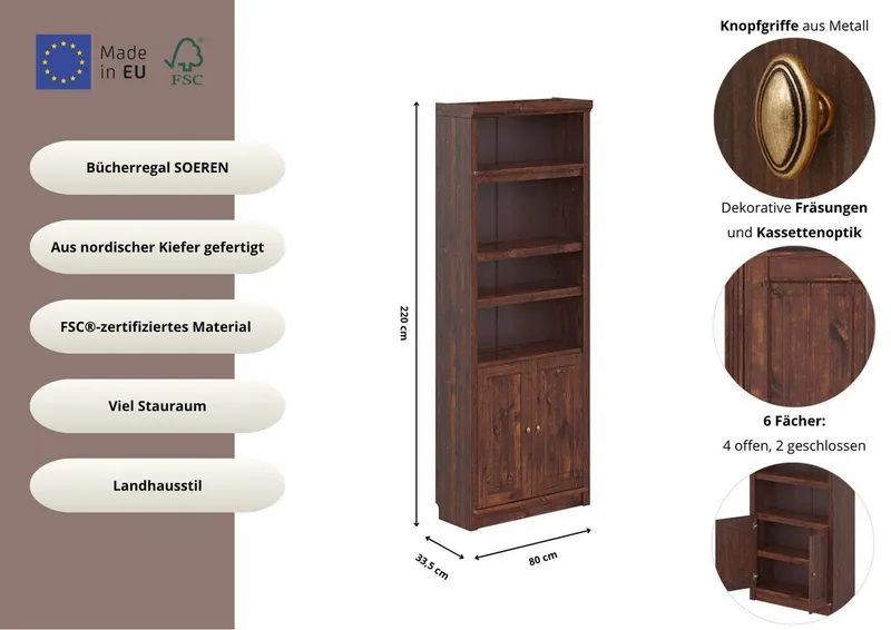 OTTO home Bücherregal Soeren, aus massiver Kiefer, FSC®-zertifiziert, Tiefe 33,5 cm, Braun, – Produktbild 2 von 3