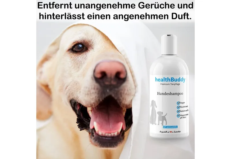 healthBuddy Tiershampoo Premium Hundeshampoo mit natürlichem Avocadoöl, 500 ml, (Packung, – Made in Germany – Entfernt unangenehme Gerüche), Für empfindliche Haut und Fell, Rückfettend, gegen Juckreiz und Flöhe – Produktbild 5 von 5
