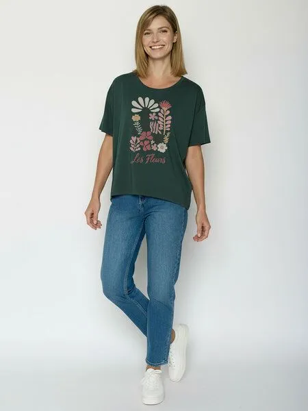 GreenBomb GREENBOMB Les Fleurs Feel - Lässiges T-Shirt aus Bio-Baumwoll-Mix / hochwertiger Print / GOTS / Fair & Vegan, Türkis (petrolgrün), – Produktbild 3 von 4