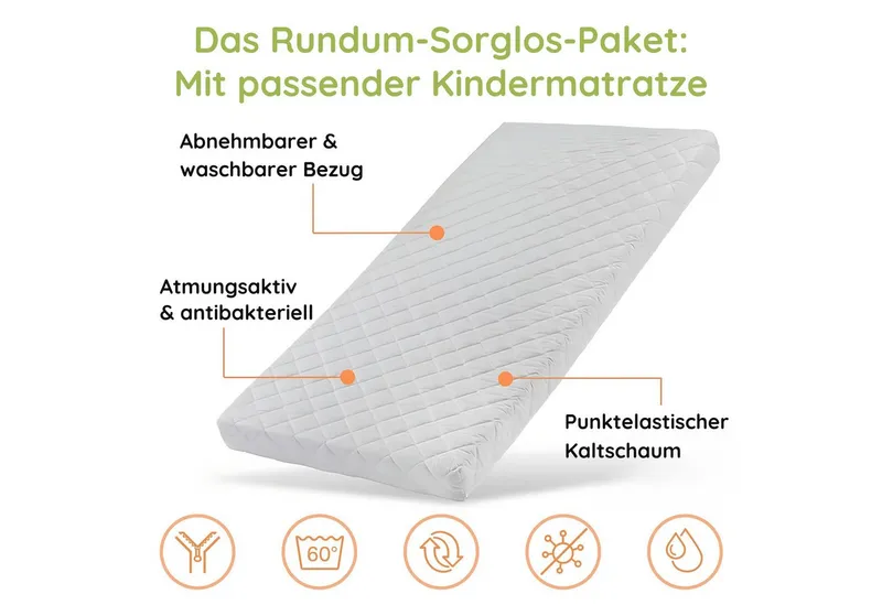 Kids Collective Hochbett 90x200 mit Ausziehbettfunktion Etagenbett Kinderbett zwei Schubladen Kinder 2 Lattenrost Rausfallschutz mit 3 Matratzen in weiß, Weiß, – Produktbild 3 von 5