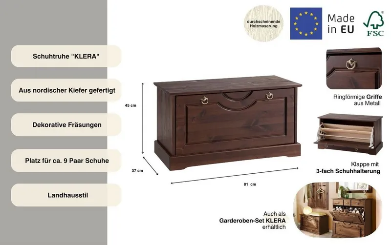 OTTO home Schuhtruhe Klera, Schuhbank, mit dekorativen Fräsungen, Lanhausstil (Made in Europe), Breite 81 cm, aus massiver Kiefer, FSC®-zertifiziert, Braun, – Produktbild 3 von 5