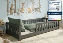 Kids Collective Kinderbett Bodenbett Bett mit Rausfallschutz & Lattenrost Montessori Bett Kinder (Jungen, Mädchen, Kinder, weitere Größen 80x160, 80x180, 90x190, 120x200, 140x200 cm), Jugendbett Gitterbett Einzelbett, Graphit Kiefer 90x200 cm – Produktbild 1 von 1