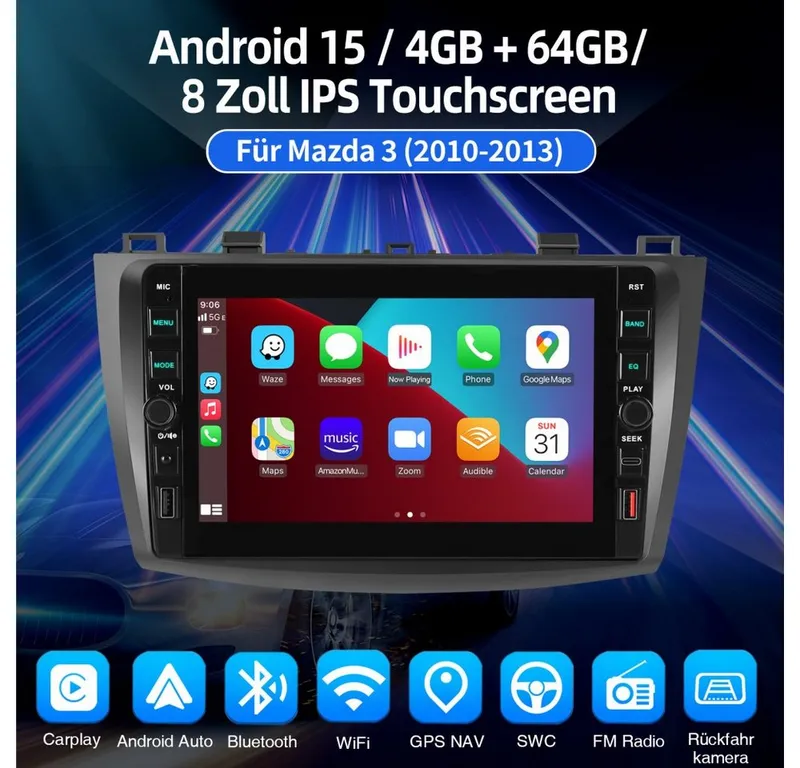ESSGOO Für Mazda 3 BL 2010-2013 Android 15 Carplay GPS Bluetooth Autoradio (RDS, Digitalradio (DAB), FM), Schwarz, – Produktbild 2 von 5