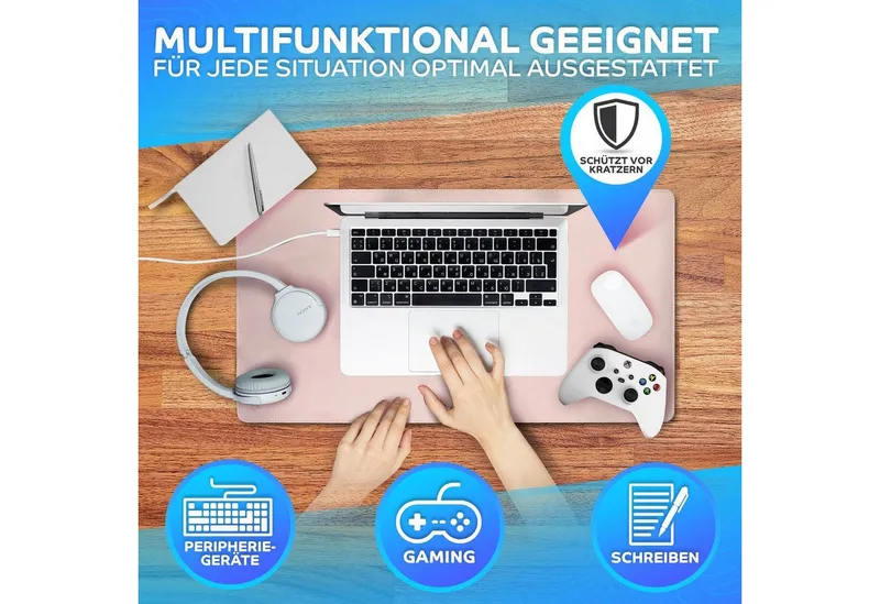 MAXLVL Gaming Mauspad Schreibtischunterlage - Mauspad mit Vernähte Kanten - abwaschbar (60x35 cm, Schreibtisch Unterlage für Büro), Tischunterlage Schreibtisch aus PU-Leder, Rosa, – Produktbild 3 von 5