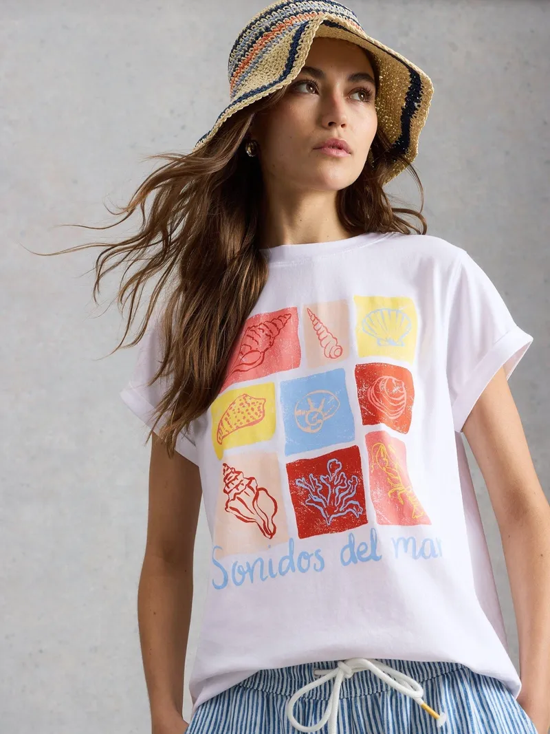 White Stuff Grafik-T-Shirt Gina - 38, Elfenbein print, – Produktbild 1 von 4